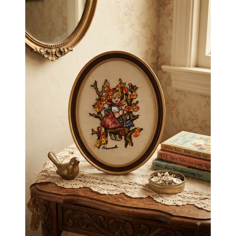 Vintage Hummel Apple Tree Girl Needlepoint Framed Oval Embroidery Wall Art 13x11